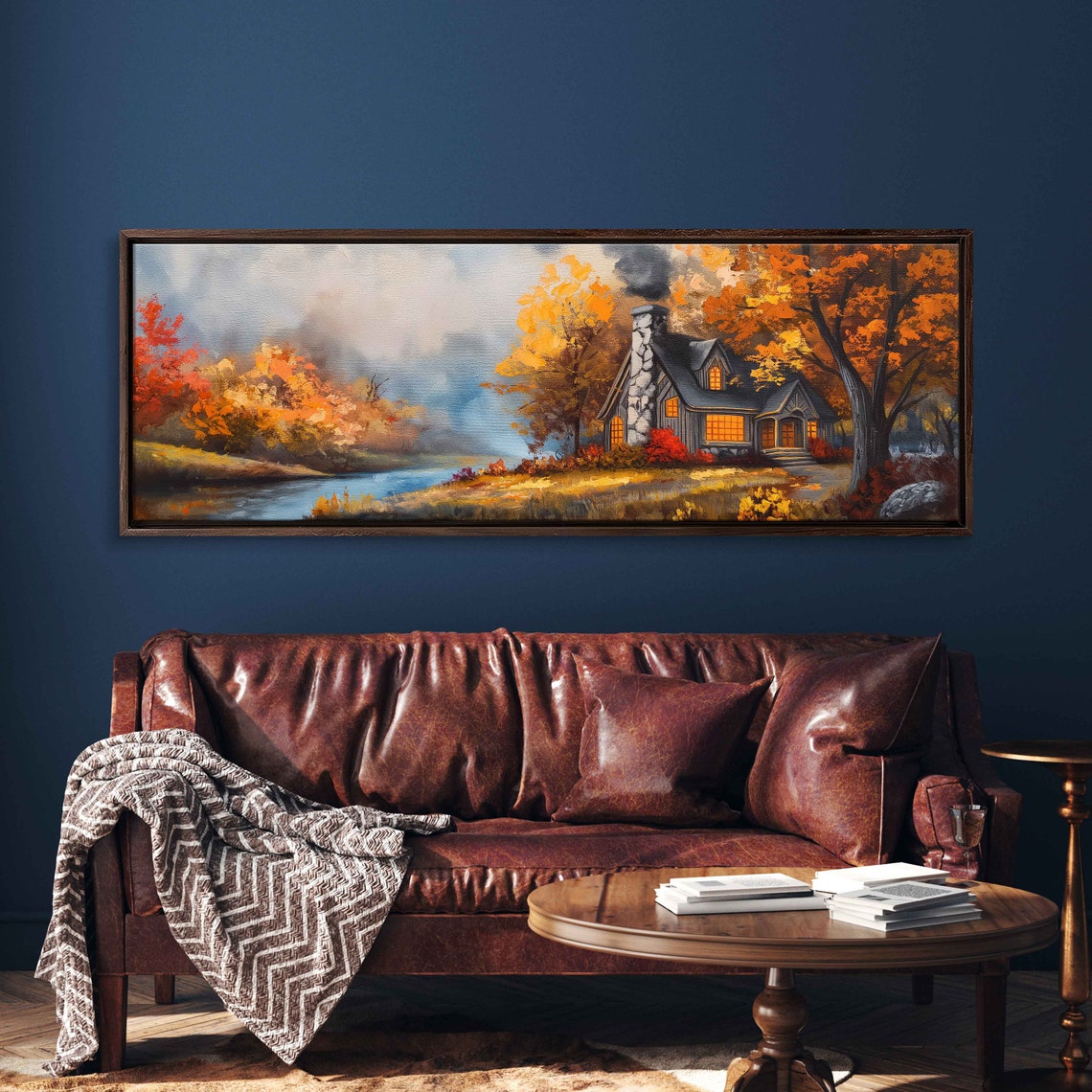 Stone Cottage By Misty Lake At Dusk With Lit Windows Fall Scene Poster