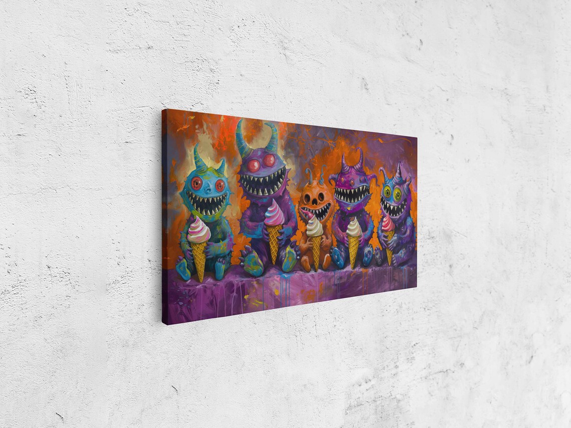 Colorful Halloween Monsters Eating Ice Cream Cones Spooky Wall Art - Image 4