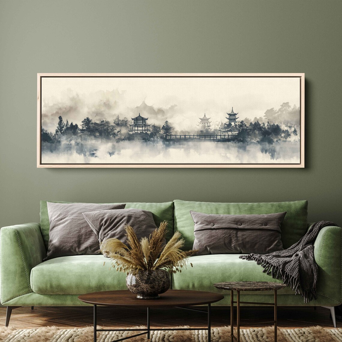 Misty Asian Pagoda Ink Painting Foggy Mountains Lake Art Poster - Image 2