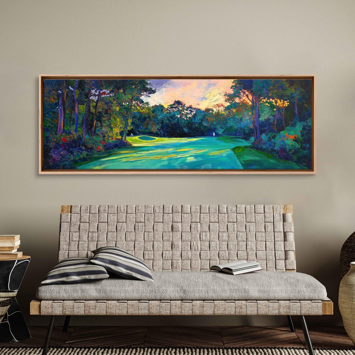 Golf Fairway At Sunset Through Dark Woods Green Painting Poster