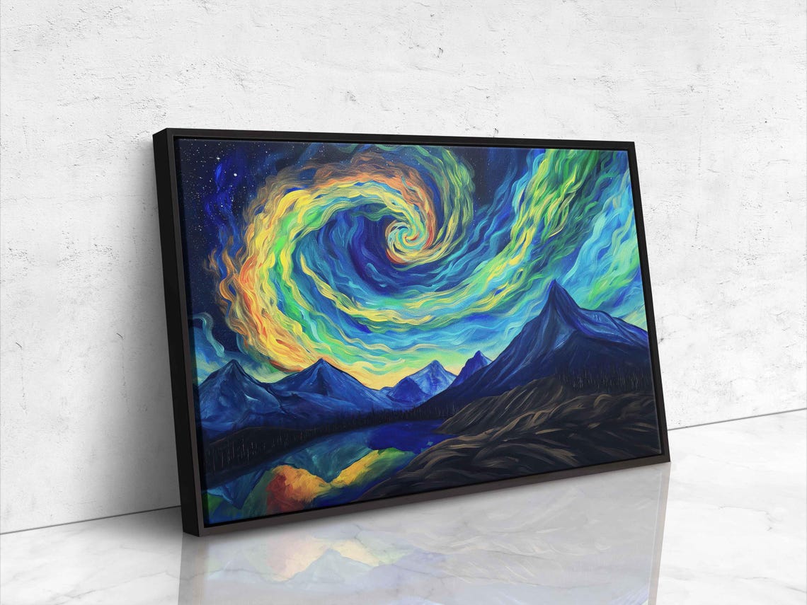 Spiral Aurora Borealis Night Sky Over Dark Mountain Silhouettes Poster - Image 4