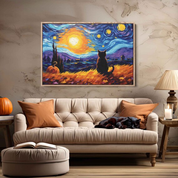 Black Cat Halloween, Van Gogh-Inspired Art Print