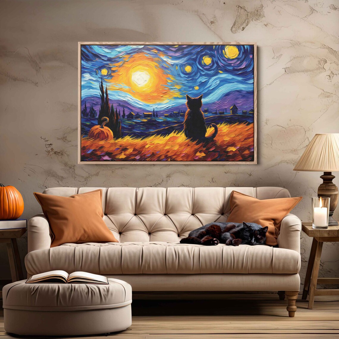 Black Cat Halloween, Van Gogh-Inspired Art Print