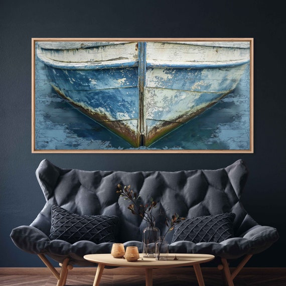 Worn Blue And White Boat Hull Wall Art Print Gift For Sailor Sailing Painting Lake Art Ready To Hang