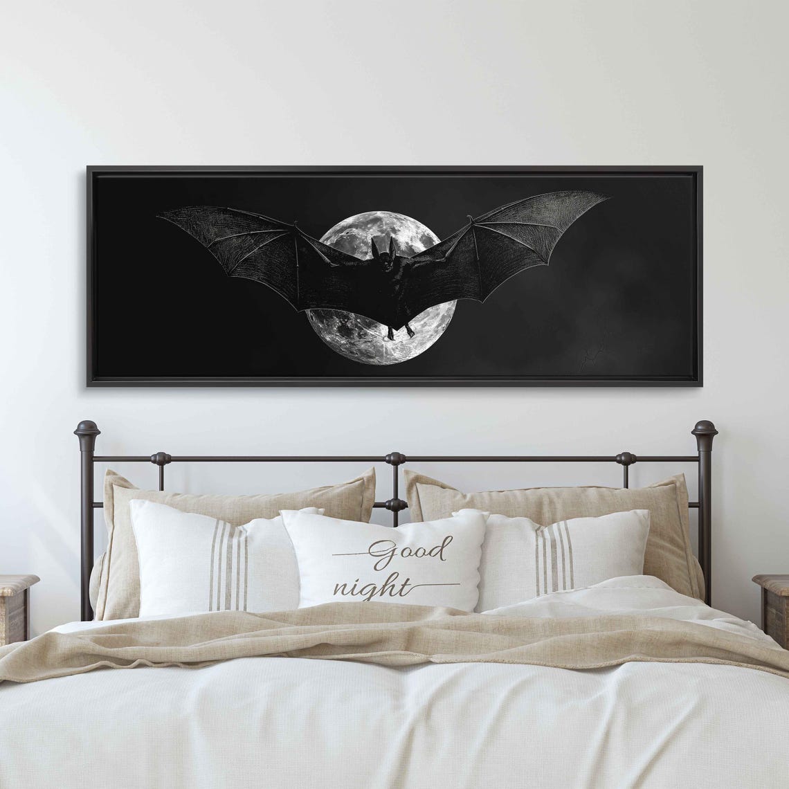 Black Bat Flying Over Full Moon Night Sky Halloween Art Print Poster - Image 3