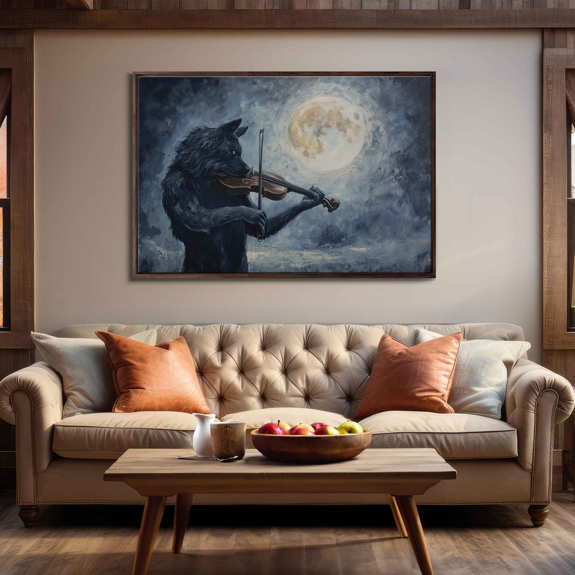 Werewolf Playing Violin Under Full Moon Night Sky Painting Poster - Image 3