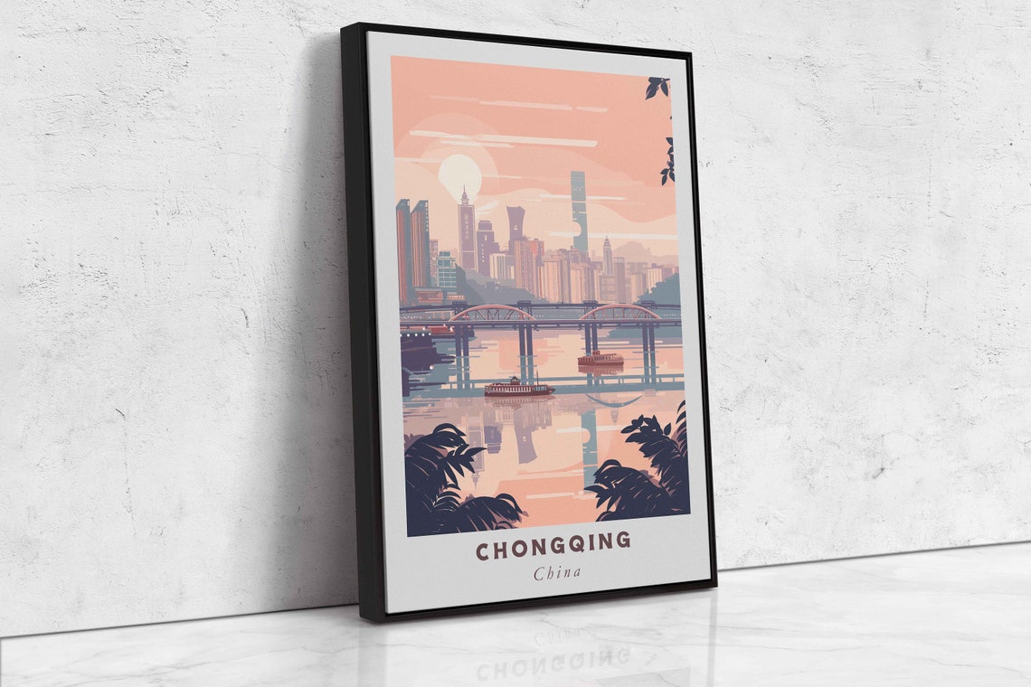 Chongqing China River Bridge Skyline Sunset Minimalist Travel Poster - Image 2