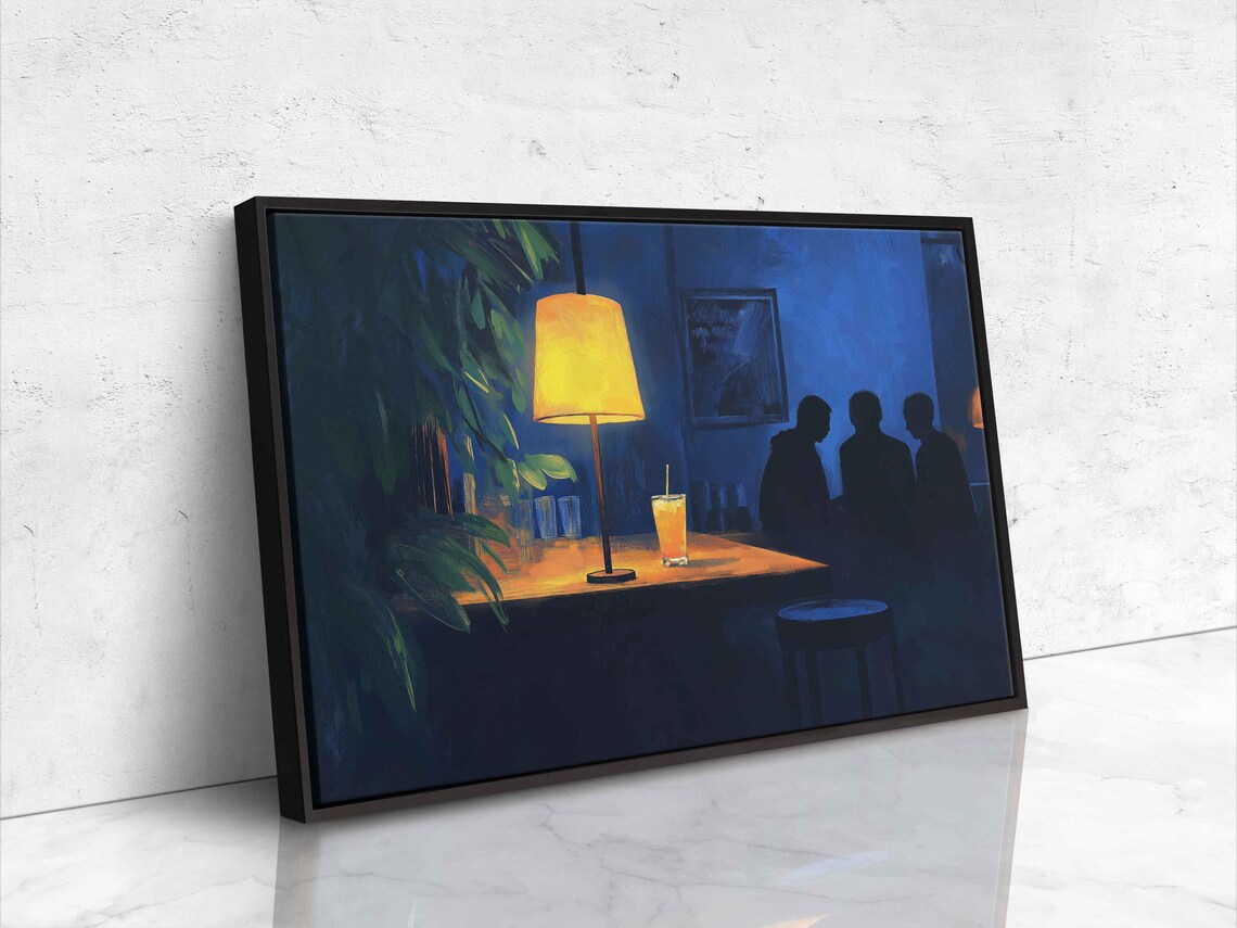 Moody Bar Corner Night Painting Silhouetted Friends Lamplight Poster - Image 4