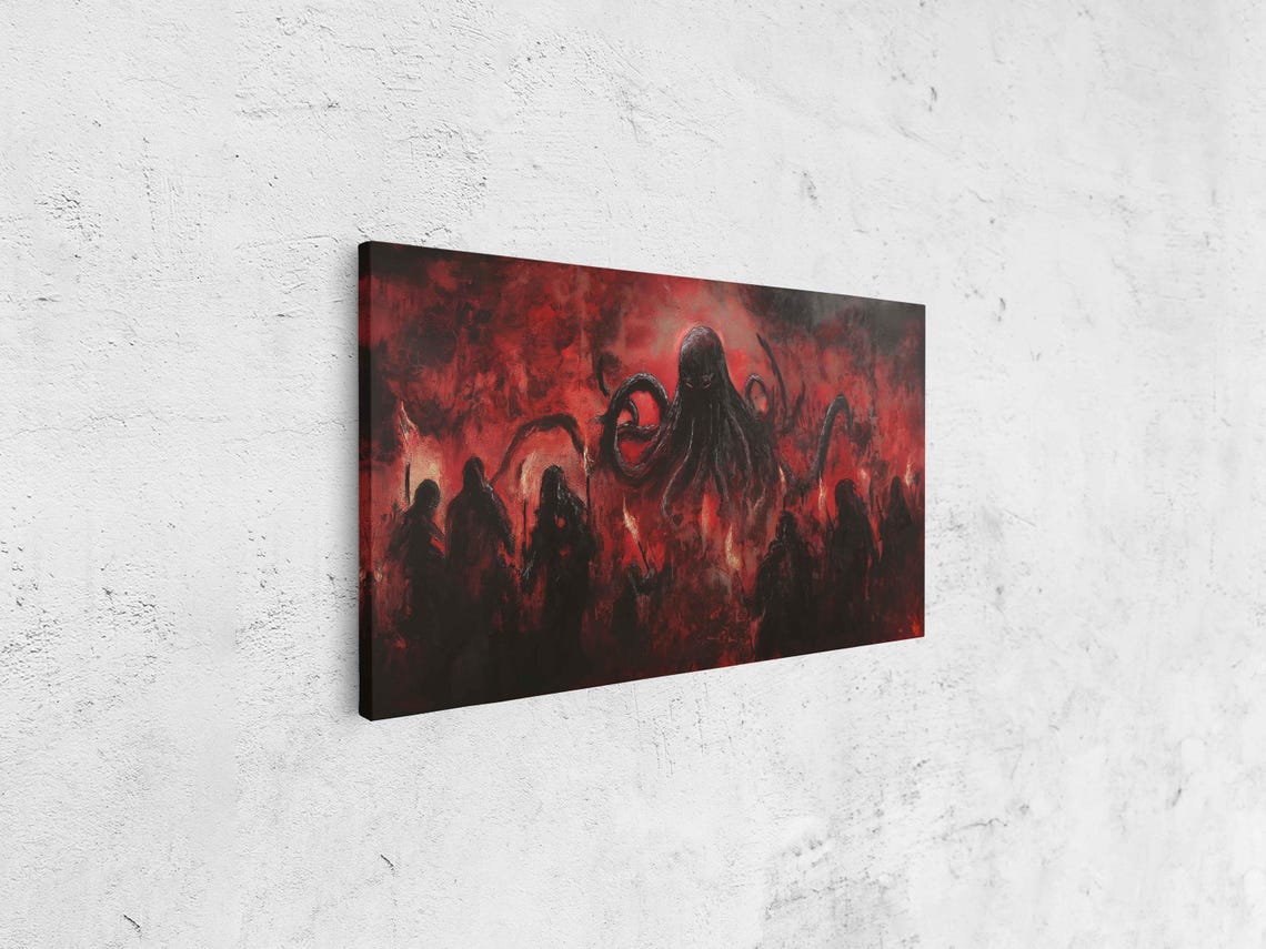 Cthulhu Cult Gathering Red Black Flames Torch Crowd Horror Poster - Image 4