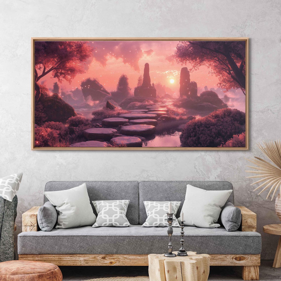Floating Stepping Stones Coral Sunset Shrine Moss Dreamy Path Poster