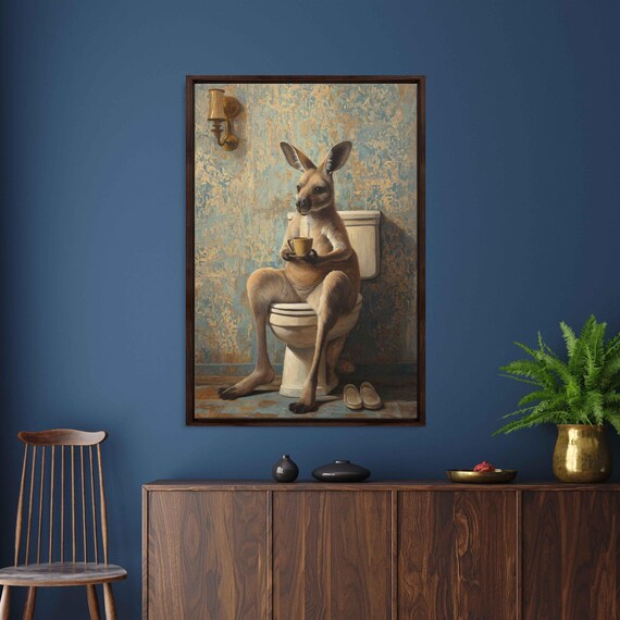 Kangaroo Drinking Tea On Toilet Gold Wallpaper Quirky Poster