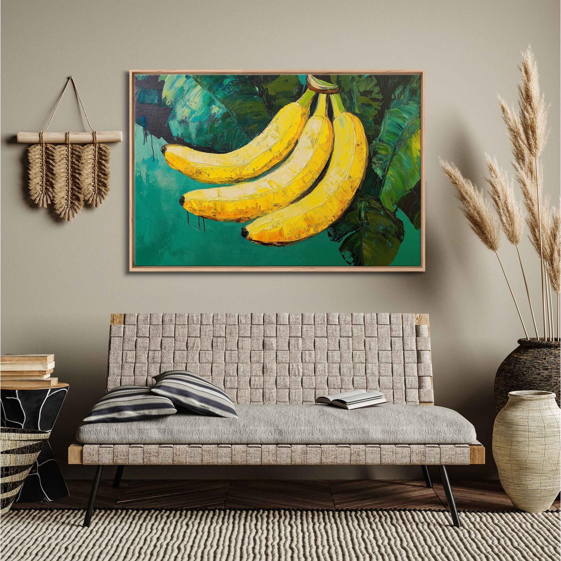 Bright Yellow Bananas Tropical Leaves Painterly Fruit Kitchen Wall Art