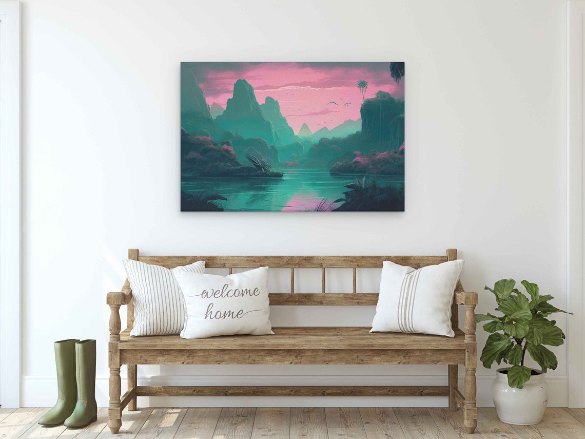 Pastel Color Tropical Landscape Vaporwave Aesthetic Illustration On Ready To Hang - Image 2
