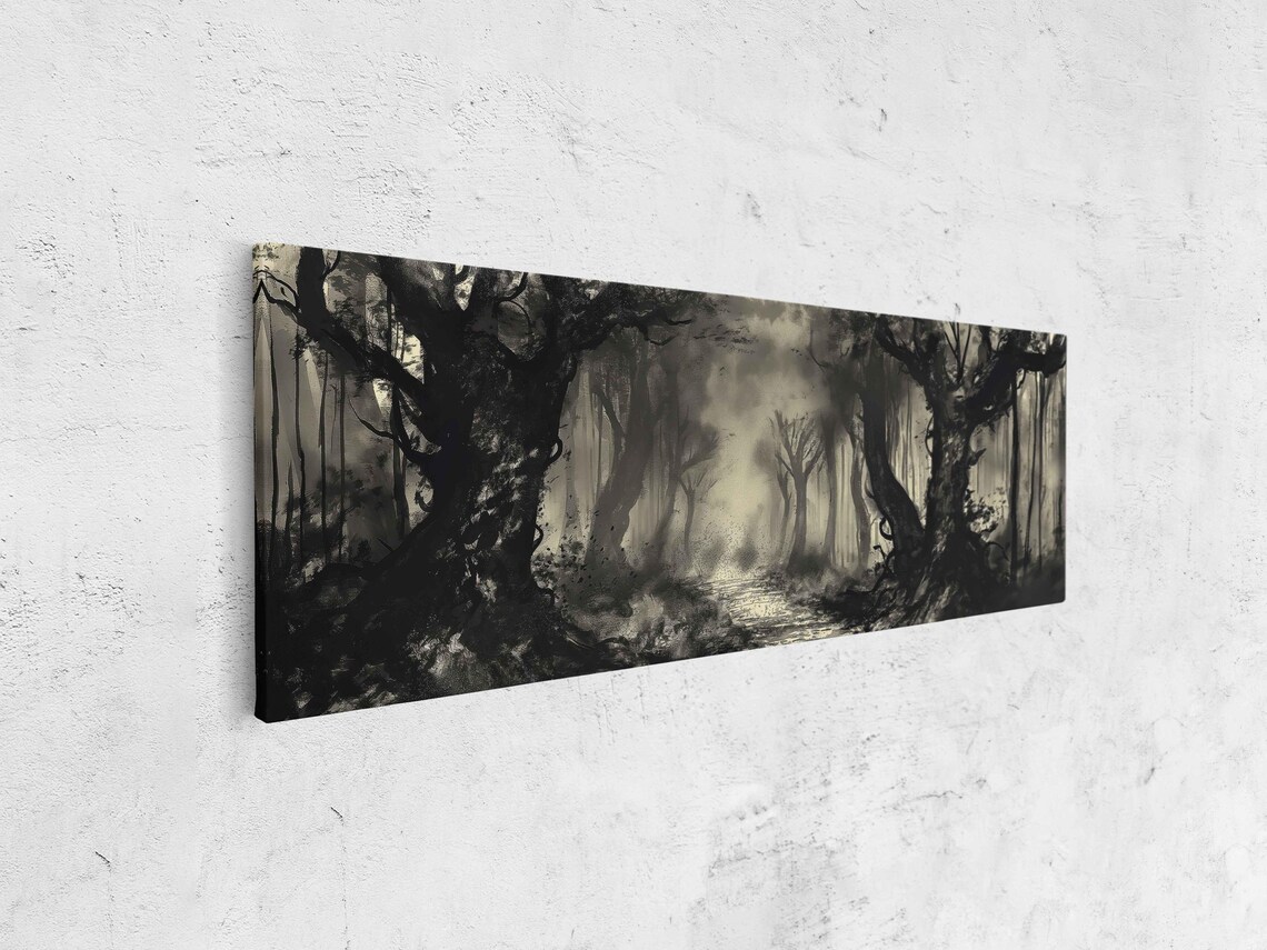 Misty Forest Path Between Dark Trees Panoramic Ink Wash Halloween Poster - Image 4