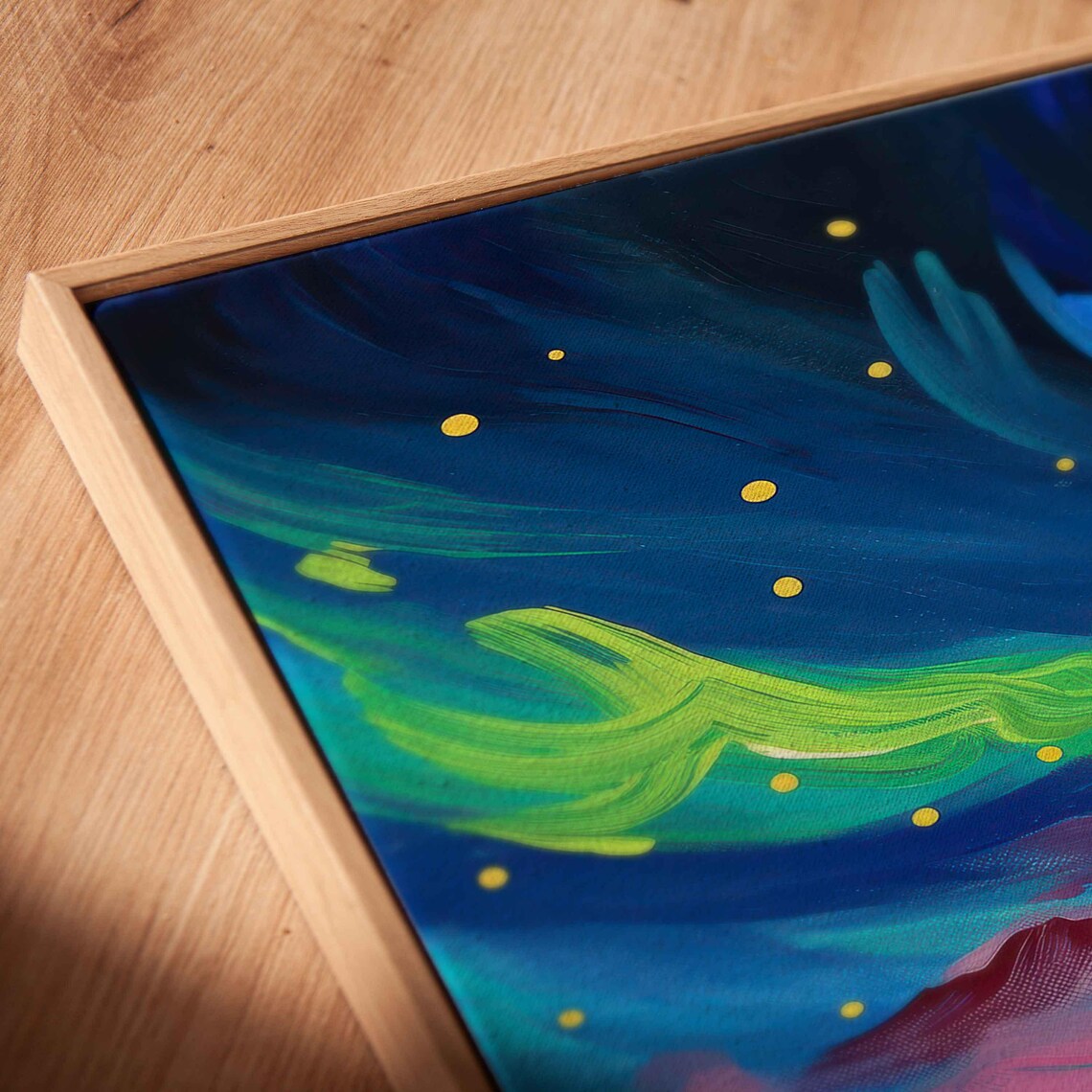 Rainbow Starry Night Aurora Vortex Over Lakeside Village Cabins Wall Poster - Image 2