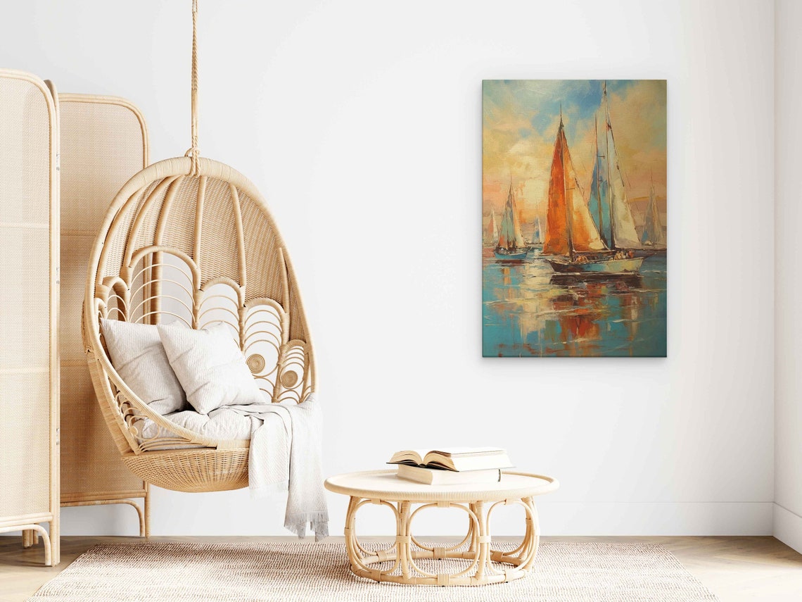 Sailboats On Ocean Bright Colorful Sky Reflection Oil Painting Poster - Image 3