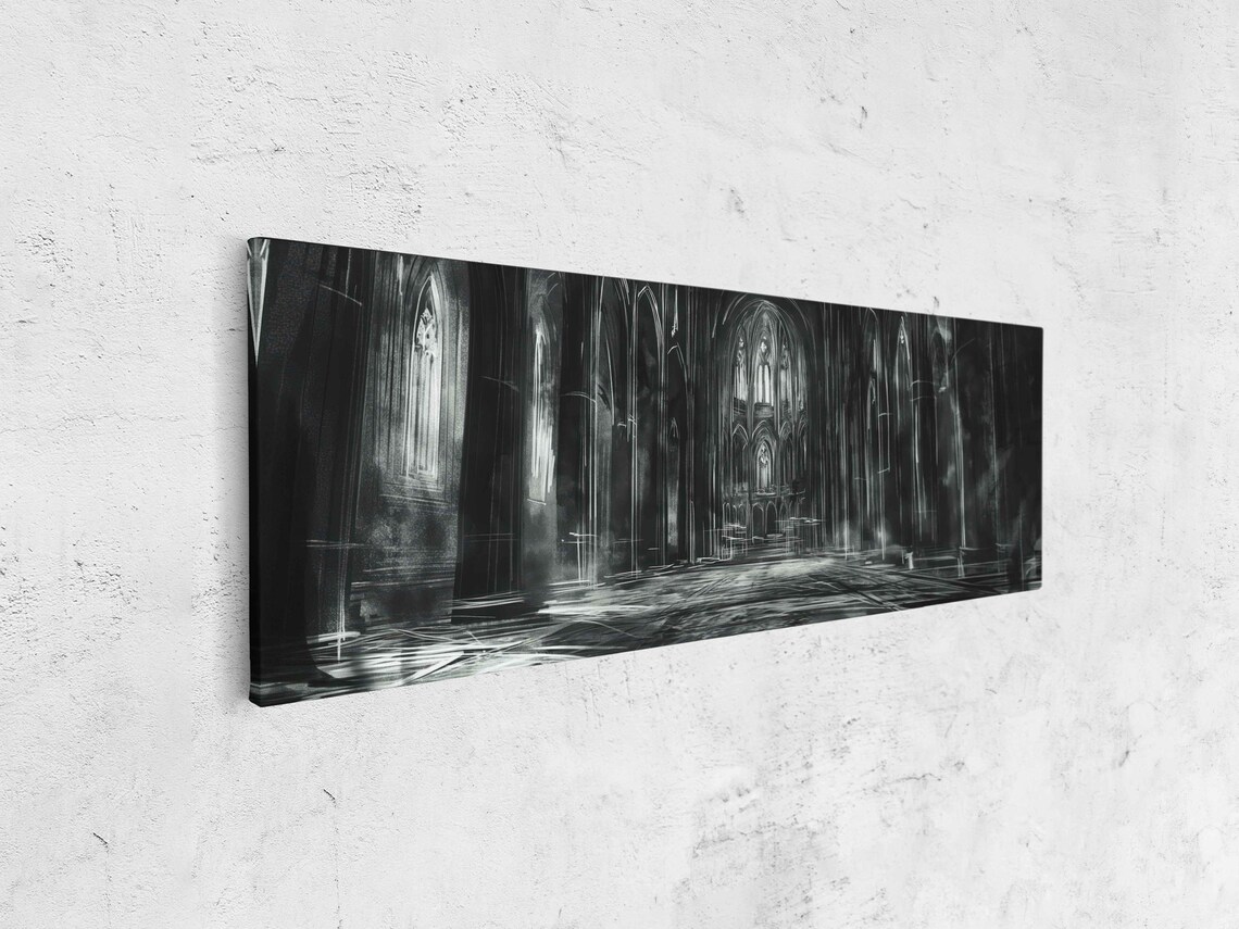 Vast Gothic Cathedral Interior Nave Columns Light Dark Ink Halloween Poster - Image 4