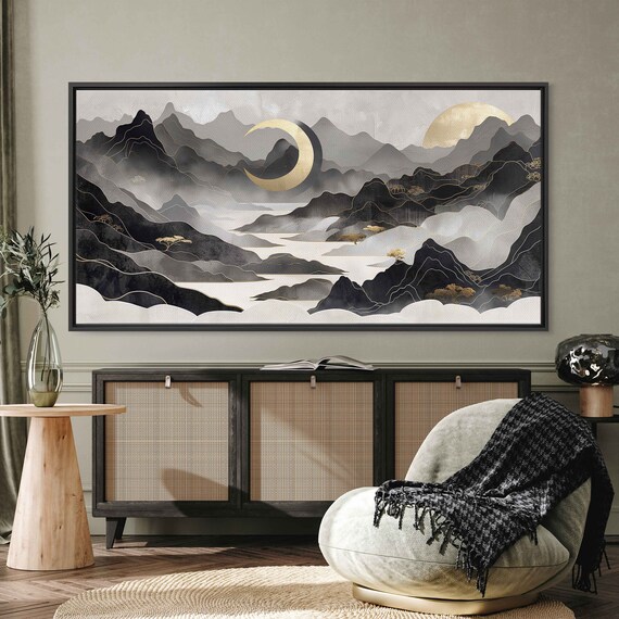 Chinese Landscape With Gold Trim Wall Art Print Minimalist Design Moon Art Foggy Mountains Chinese Ink Art Ready To Hang
