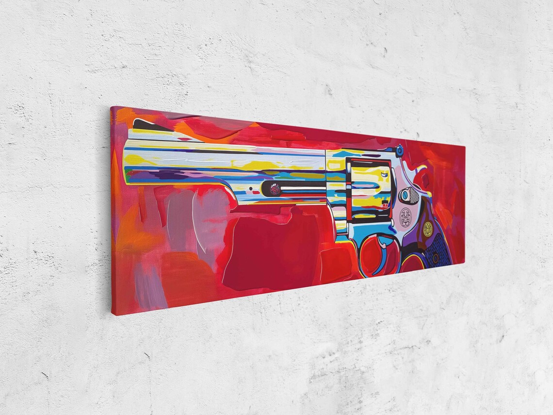 Colorful Pop Art Revolver On Fiery Red Background Gun Poster - Image 4