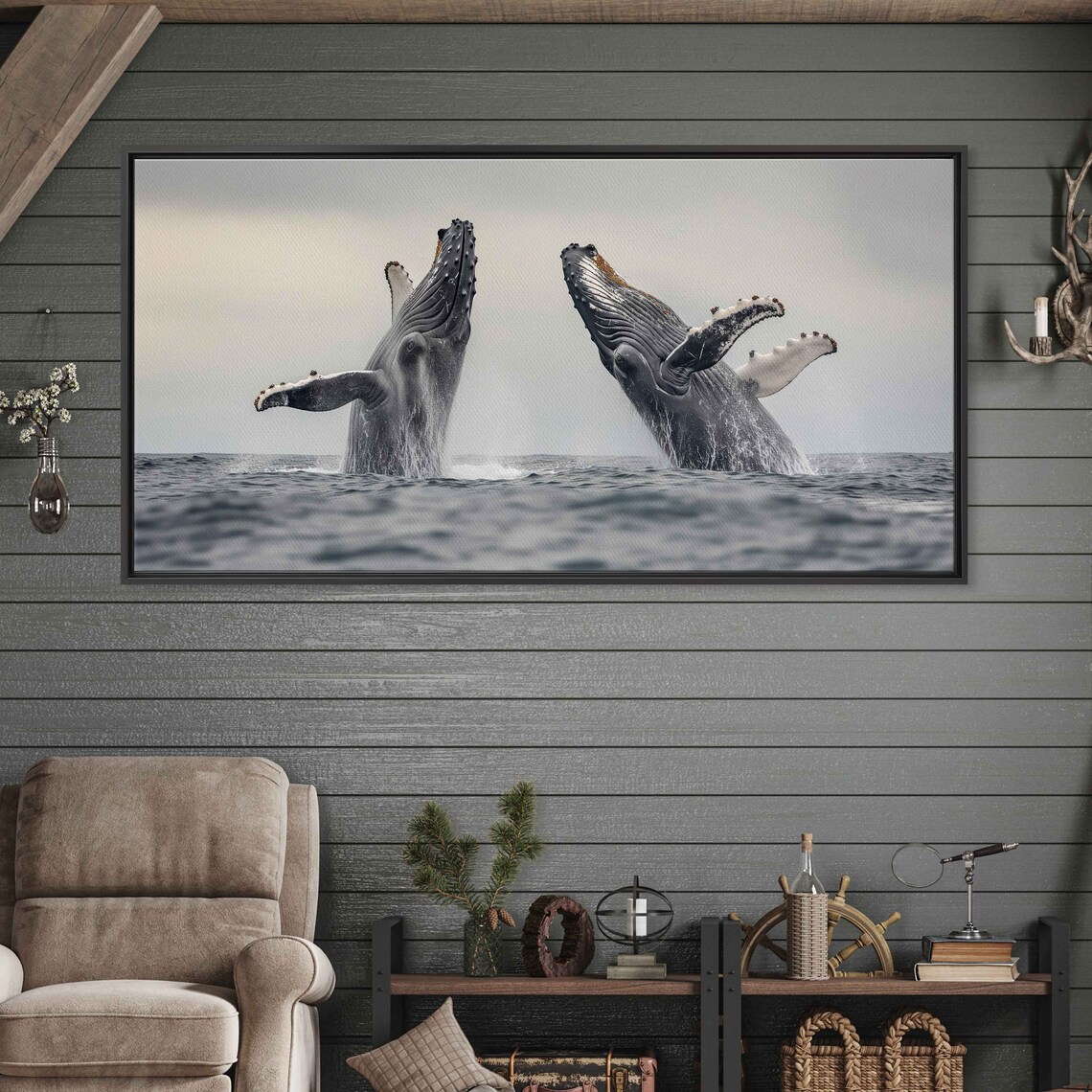 Pair Of Humpback Whales Clear Skies Ocean Waves Wall Art Print Ready To Hang - Image 3