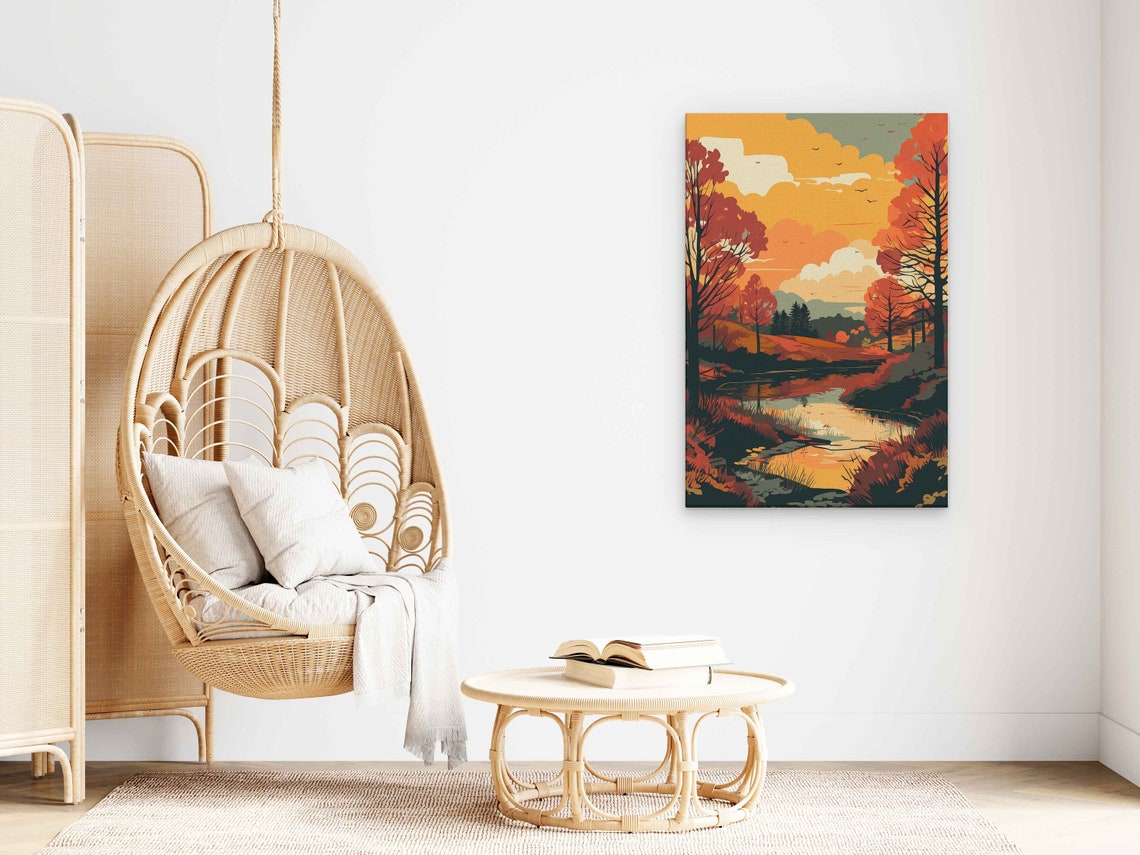 Autumn Sunset Pond Reflection Pop Art Landscape Painting Poster - Image 3