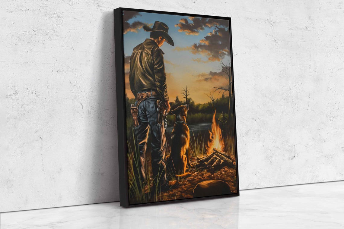 Cowboy And Dog By Campfire At Sunset Back View Western Poster - Image 4