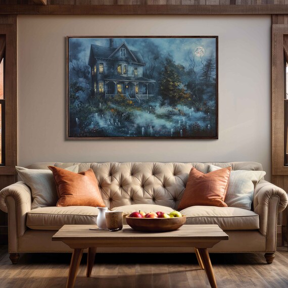 Old Haunted House Foggy Night Glowing Windows Full Moon Spooky Poster