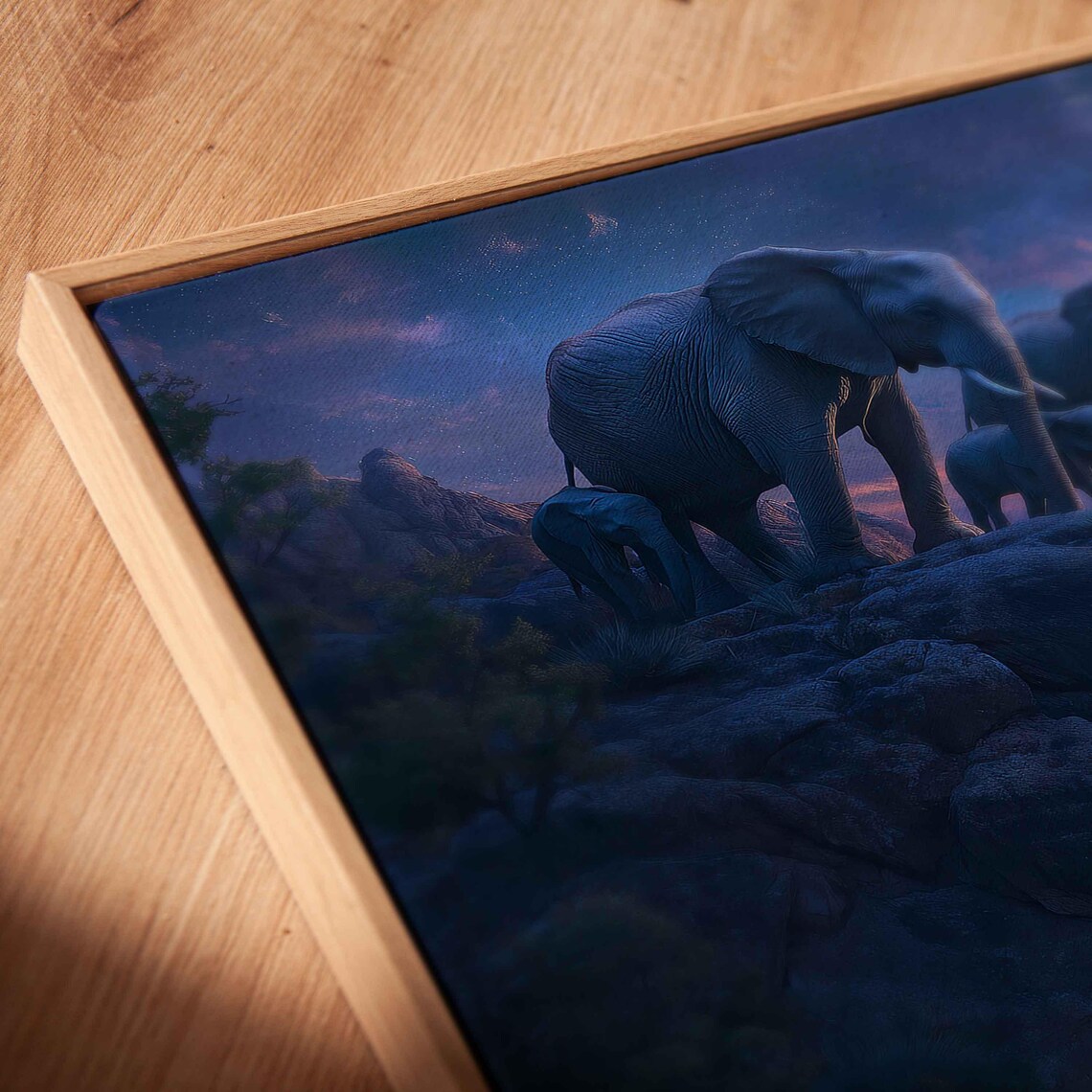 Elephant Family Rocky Cliff Twilight Panoramic Painting Starry Night Sky Majestic Poster - Image 2