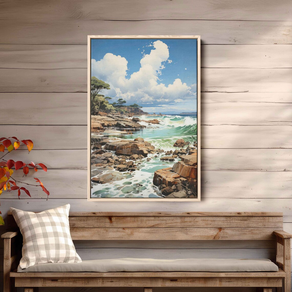 Rocky Ocean Cove Turquoise Waves Sunny Coastal Cliffs Watercolor Poster - Image 2