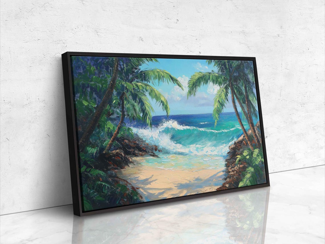 Tropical Surf Scene With Sandy White Beach Wall Art Print Gift For Surfer Palm Trees Ocean Painting Ready To Hang - Image 4