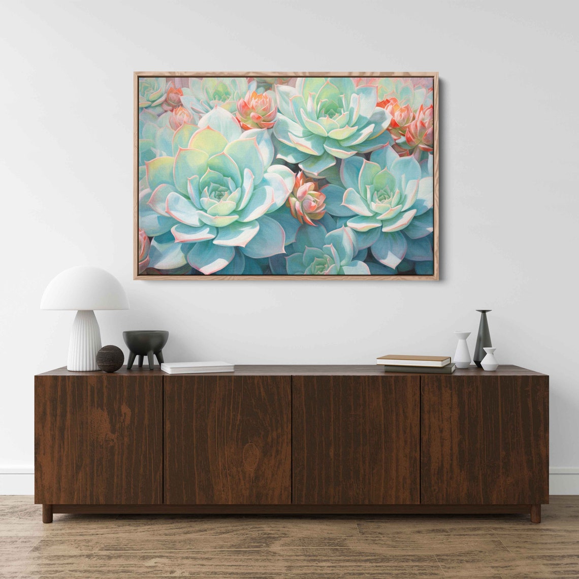Sunlit Succulent Rosettes Pale Green Pink Tips Botanical Art Poster - Image 3