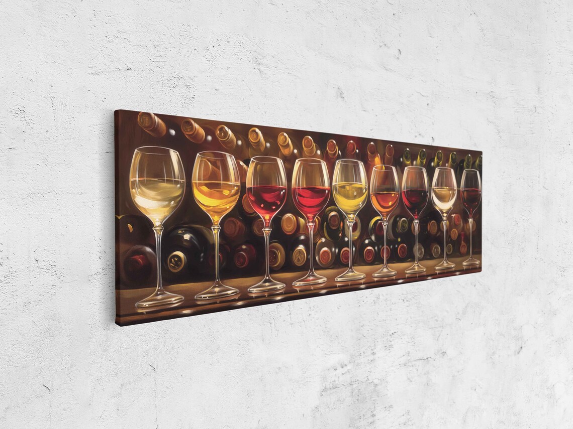 Wine Glasses Row Bottles Behind Warm Tones Panoramic Painting Wall Poster - Image 4