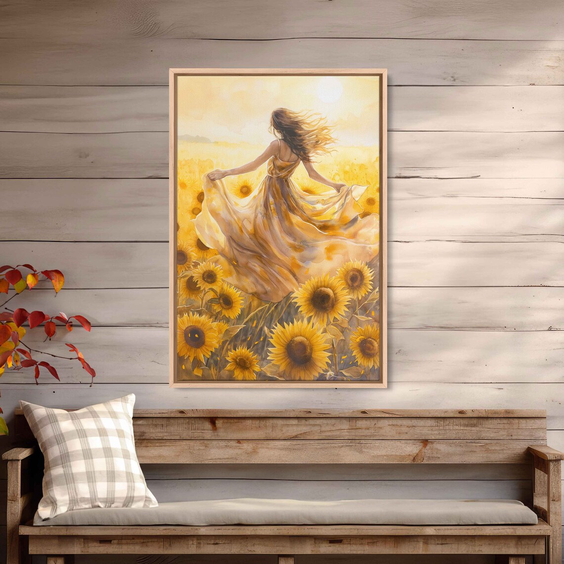 Woman Dancing In Sunflower Field Watercolor Wall Art Print Flowing Sundress Sunny Skies Flowing Hair Ready To Hang - Image 2