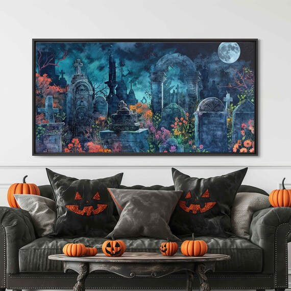 Moonlit Enchanted Graveyard Watercolor Tombstones Night Halloween Print