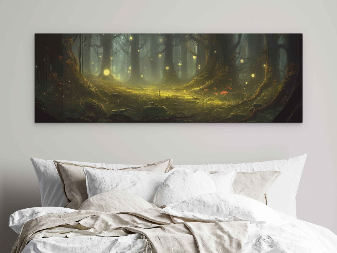 Glowing Firefly Forest Dark Night Magical Panoramic Art Poster
