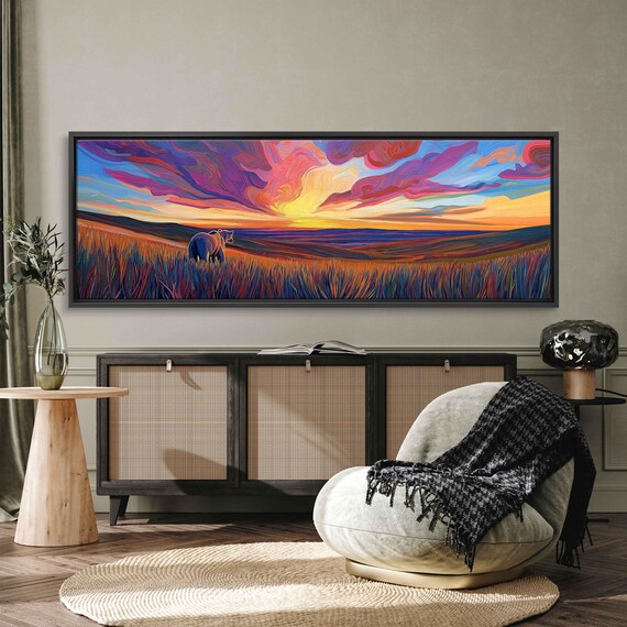 Grizzly Bear in Tall Prairie Grass Under Swirling Vivid Sunset Sky Oil Poster