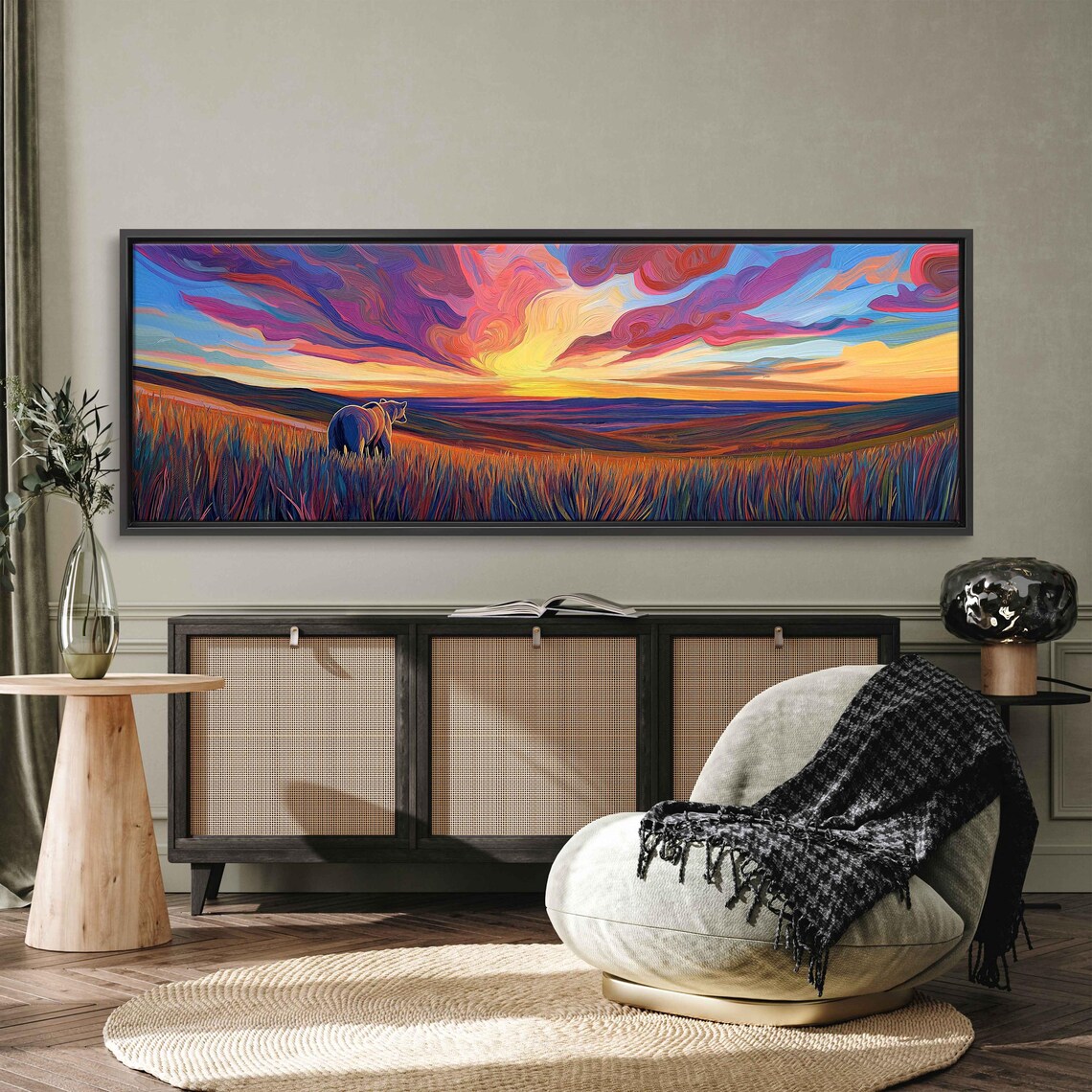 Grizzly Bear in Tall Prairie Grass Under Swirling Vivid Sunset Sky Oil Poster