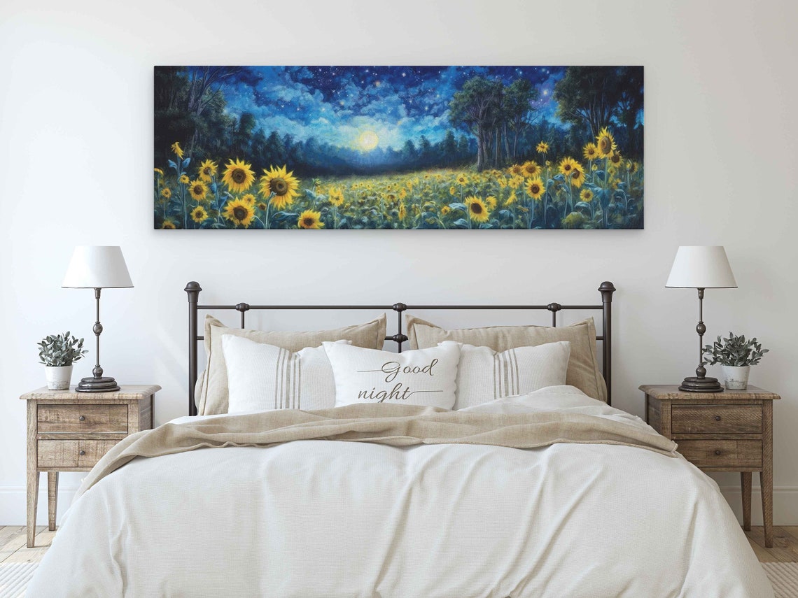 Sunflower Field Under Full Moon Starry Night Sky Panoramic Art Print - Image 3
