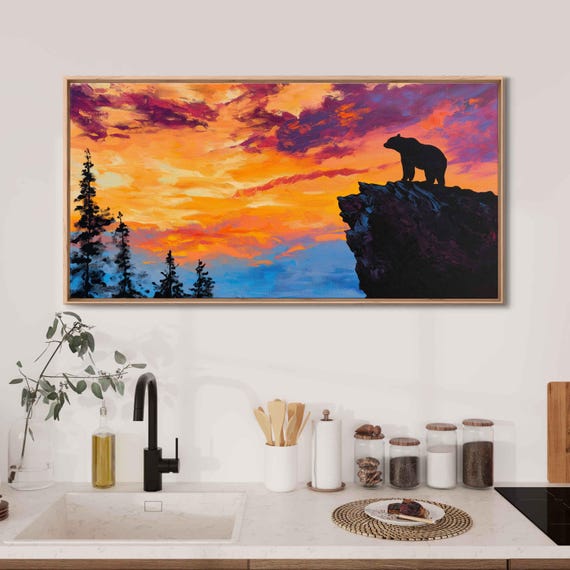 Grizzly Bear Silhouette Wall Art Print Sunset Colors Bold Acrylic Painting