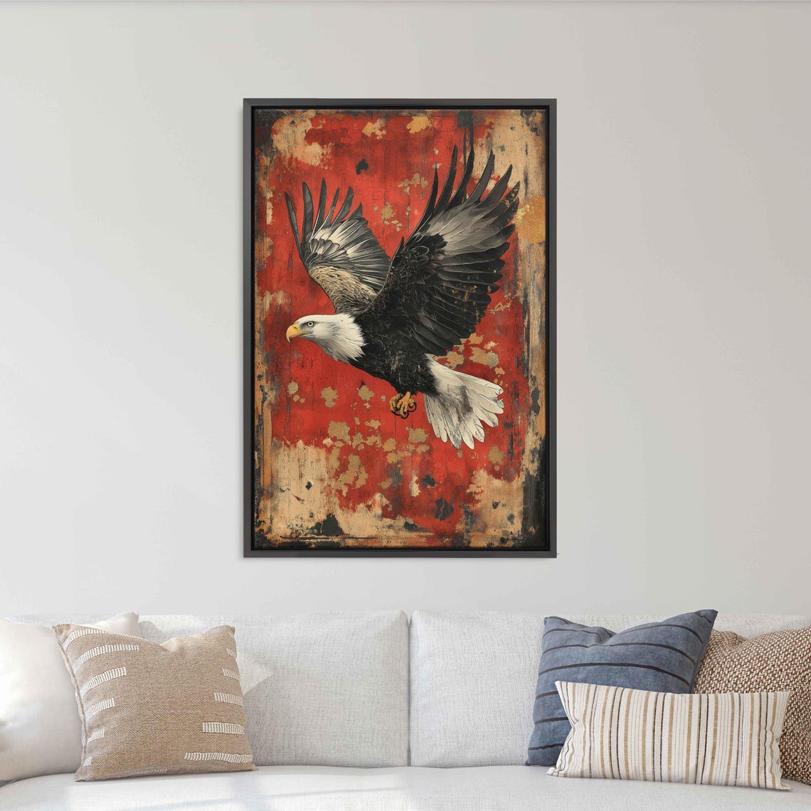 Bald Eagle Soaring Against Red Abstract Gold Leaf Wildlife Art Poster