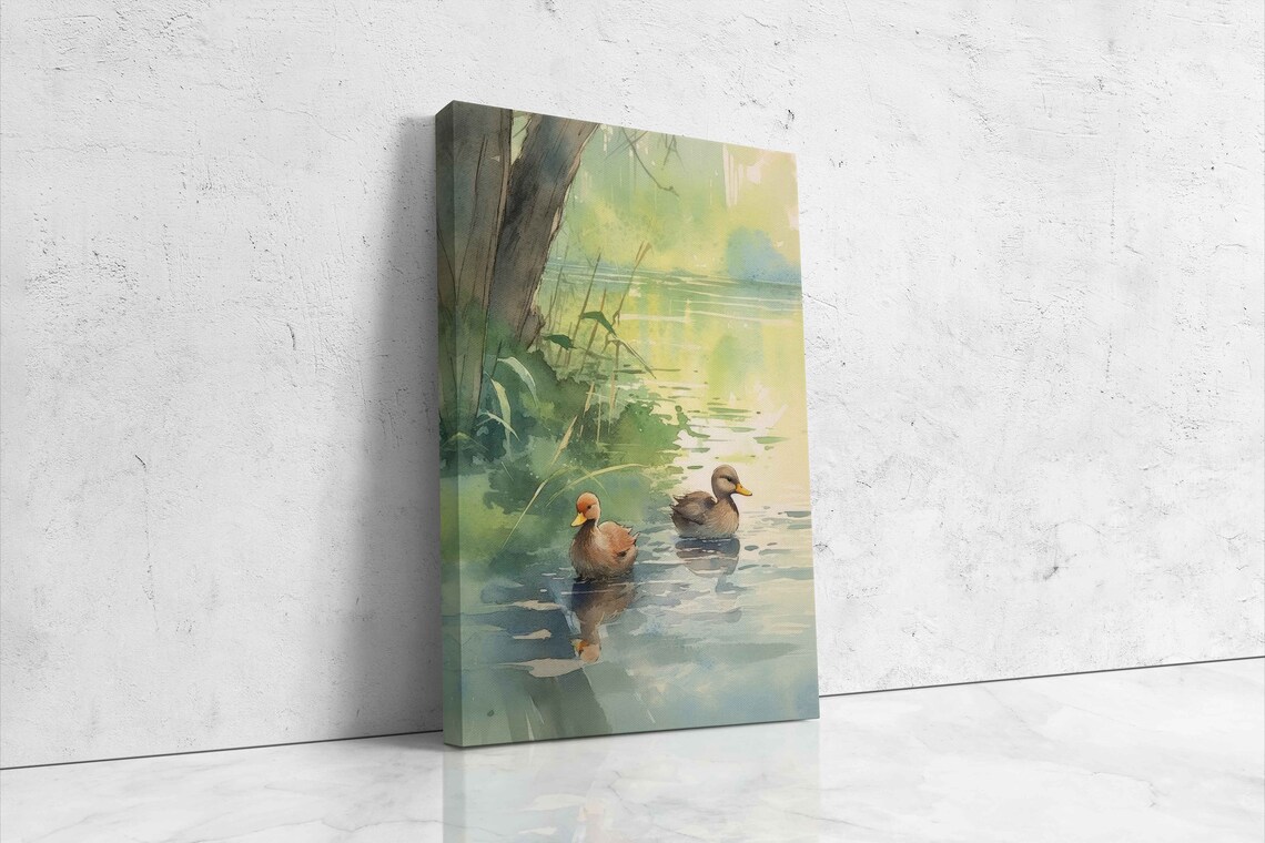 Pair of Ducks Watercolor Pond Riverside Tranquil Lake Scene Art Poster - Image 4