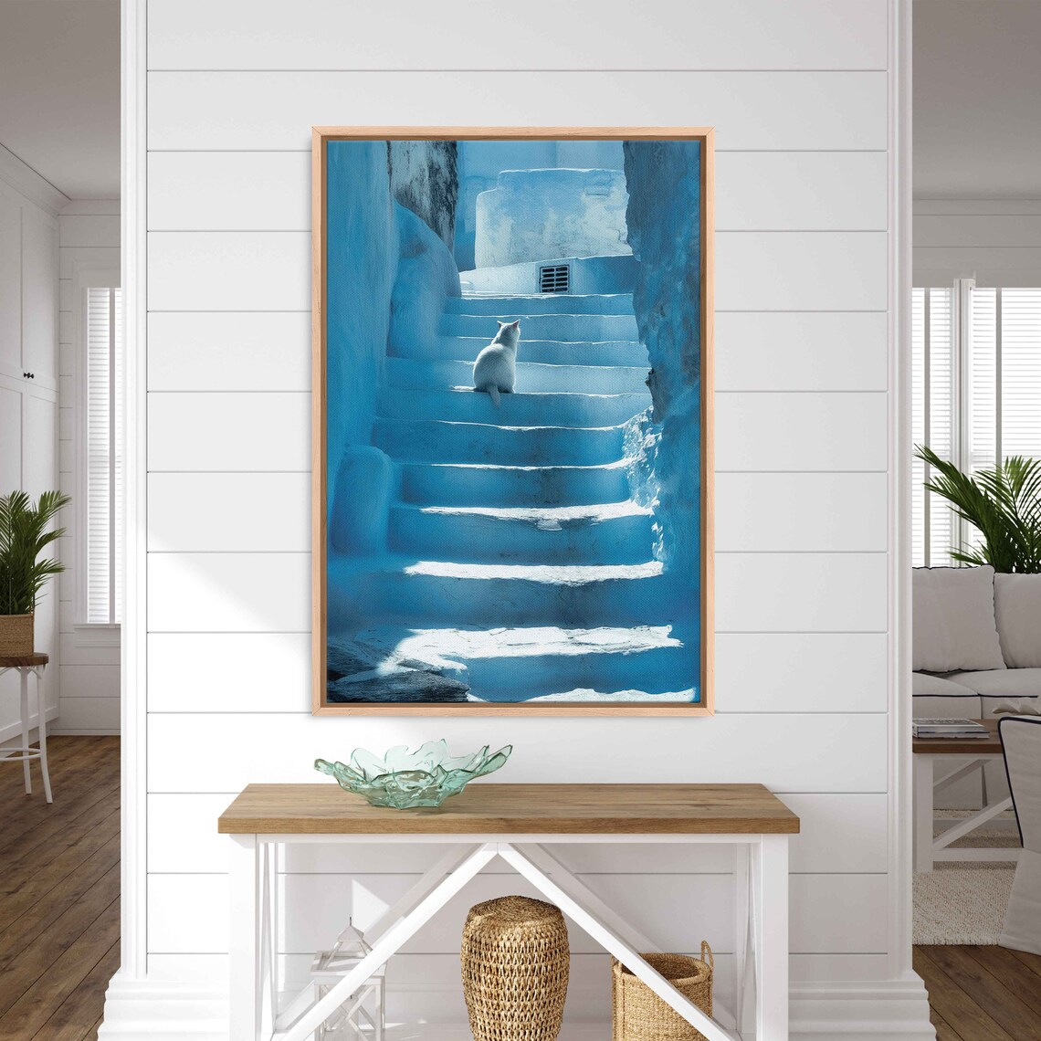 White Cat Sitting On Sunlit Blue Stone Steps Mediterranean Sunlight Poster