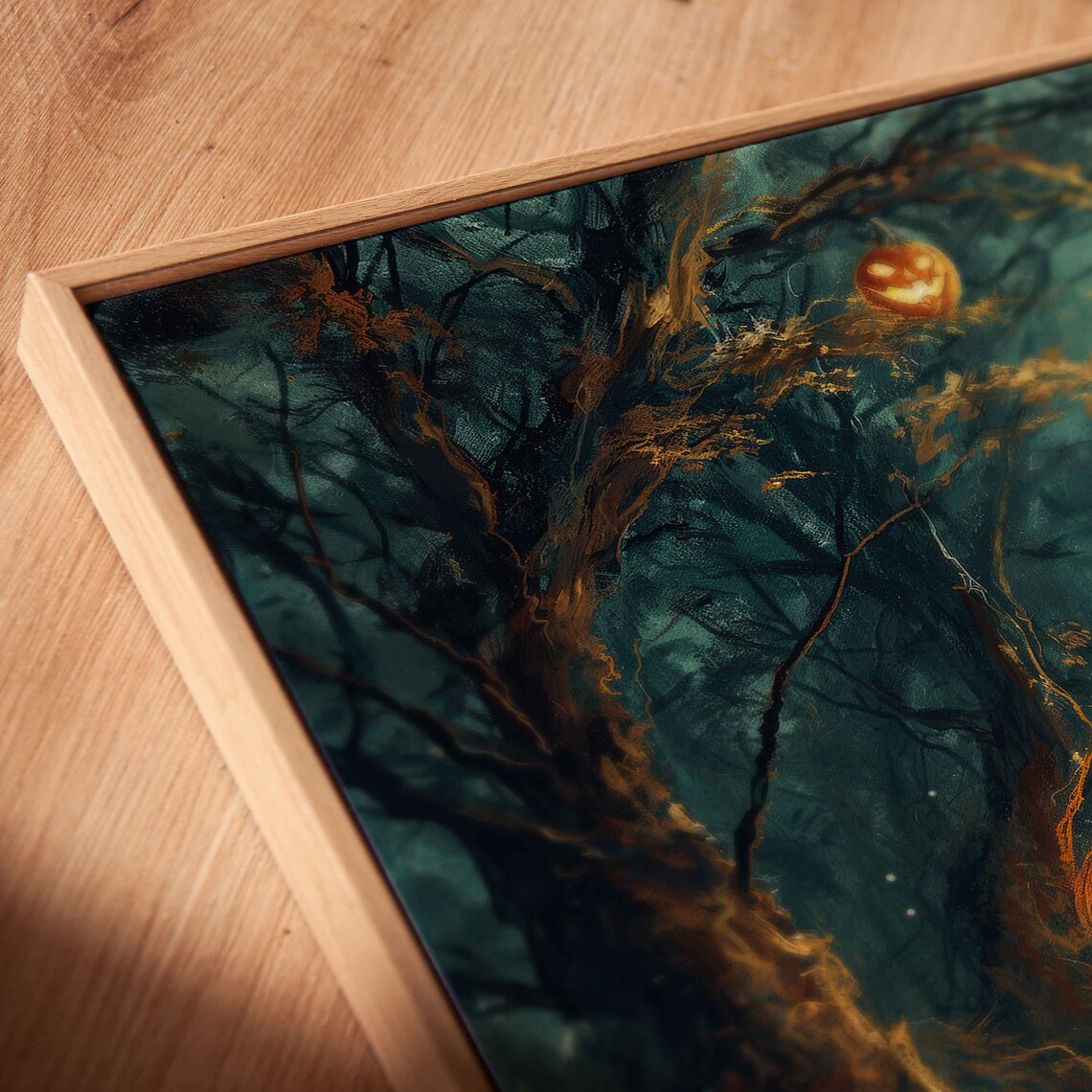 Moonlit Forest Path Lined With Glowing Jack O Lanterns In Foggy Night Wall Art - Image 2