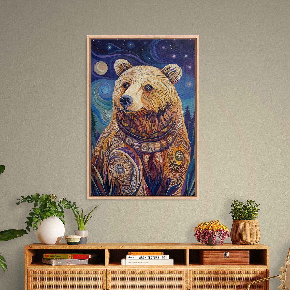 Grizzly Bear Portrait Tribal Patterns Swirling Starry Night Art Poster