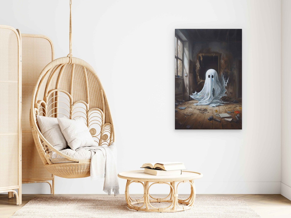 Cute Sheet Ghost Abandoned House Halloween Spooky Wall Art Poster - Image 3
