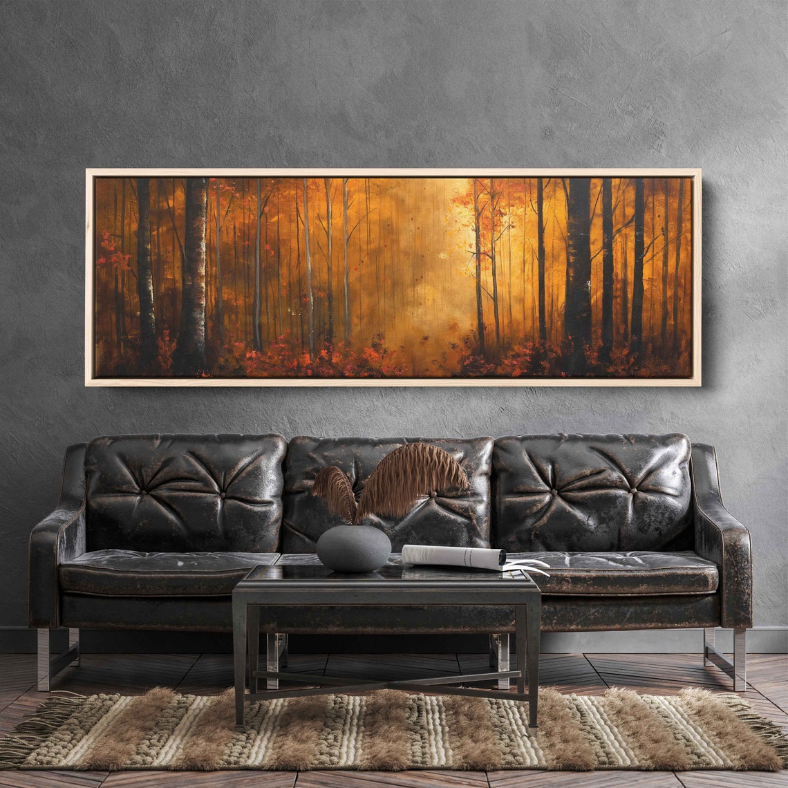 Golden Autumn Forest Sunset Glow Tall Trees Panoramic Landscape Poster - Image 3