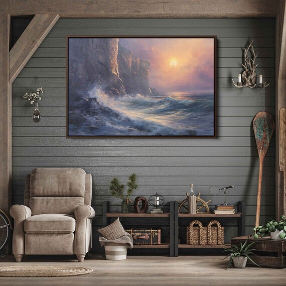 Crashing Ocean Waves Rocky Cliff Sunset Dramatic Seascape Poster