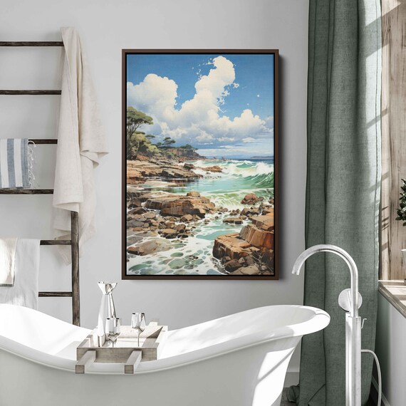 Rocky Ocean Cove Turquoise Waves Sunny Coastal Cliffs Watercolor Poster