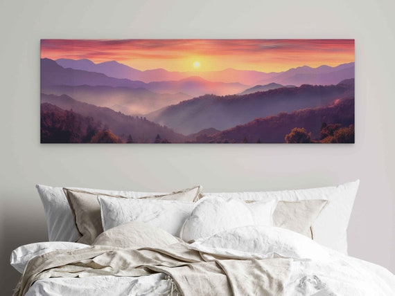Beautiful Panoramic Landscape Of Warm Sunset Over Foggy Rolling Hills Print On Ready To Hang