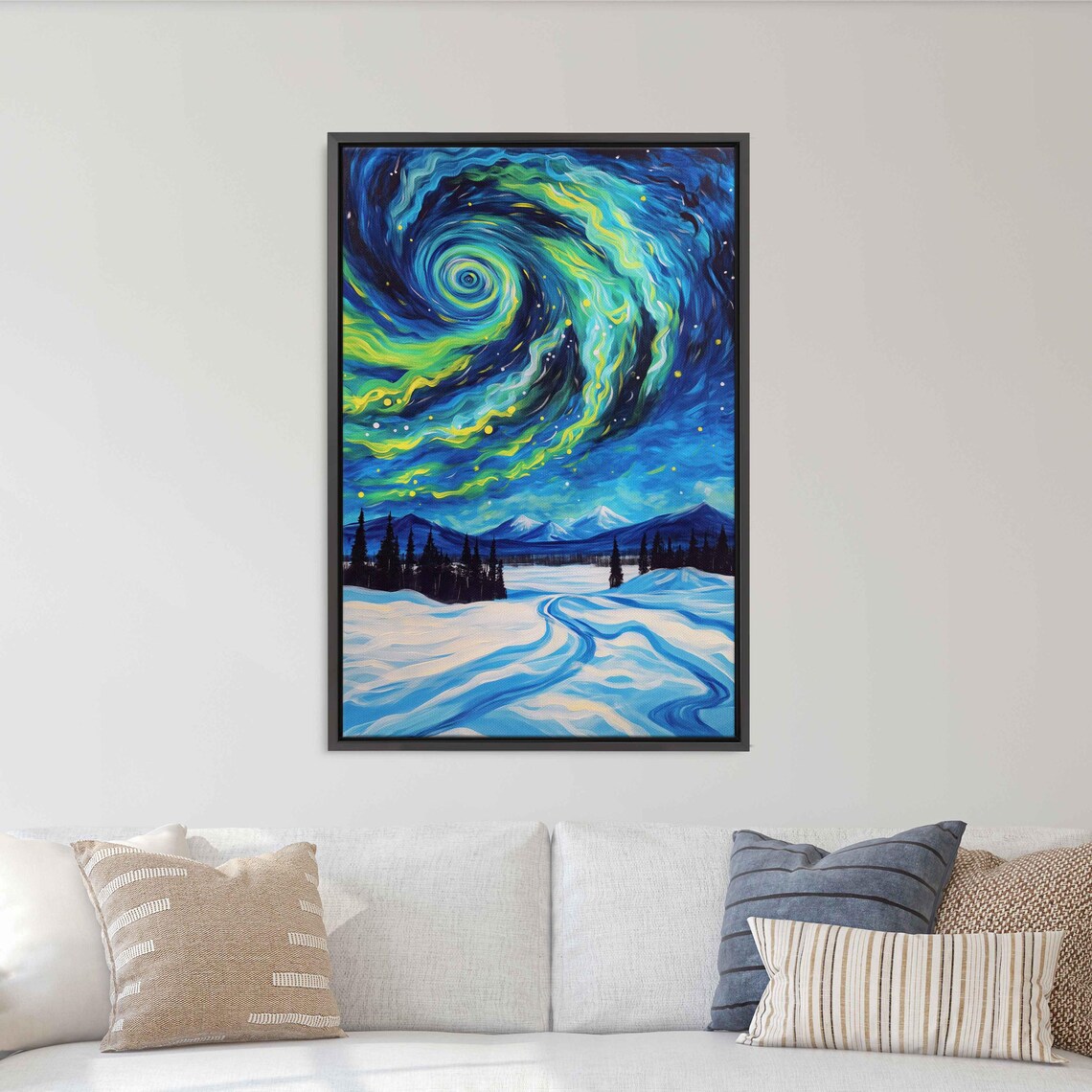 Blue Green Aurora Spiral Swirling Over Snowy Winter Plain Night Sky Poster - Image 3